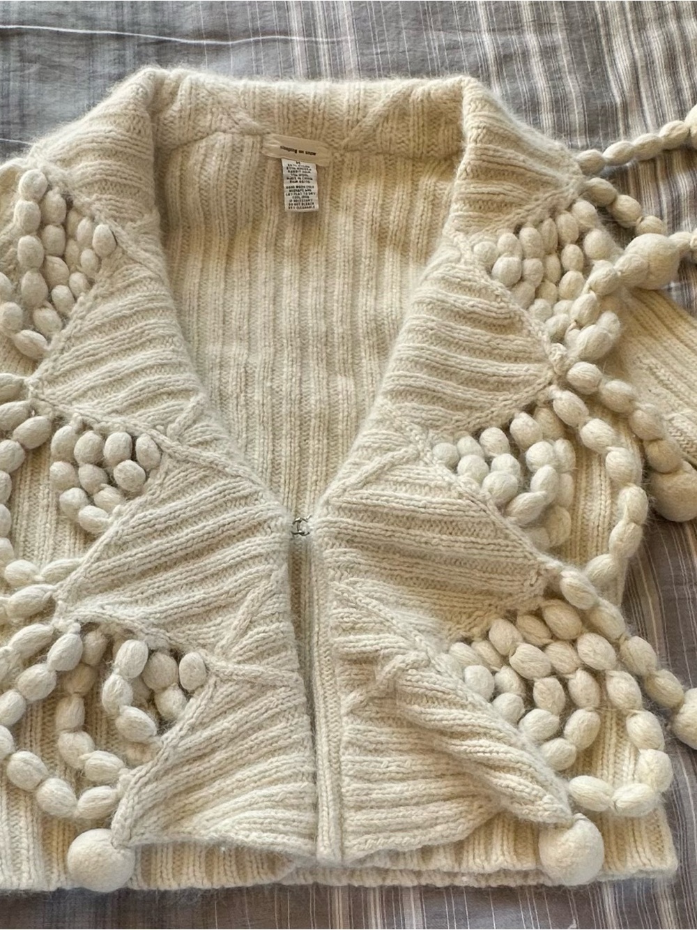 Sleeping On Snow Chunky Cream Pom-Pom Zip Cardigan Sweater for Women